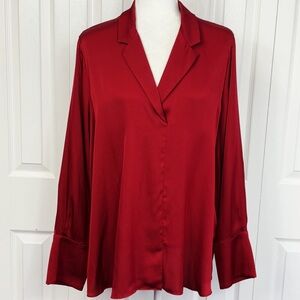 Kobi Halperin Dark Red Stretch Silk Collared Long Sleeve Blouse XXL